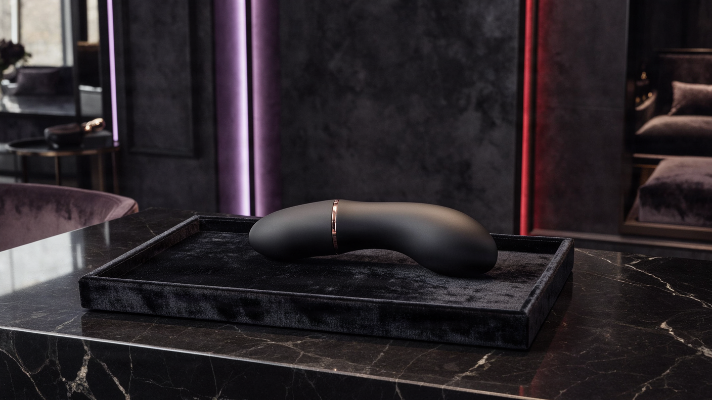 Elegante composición de productos sensuales con luz púrpura